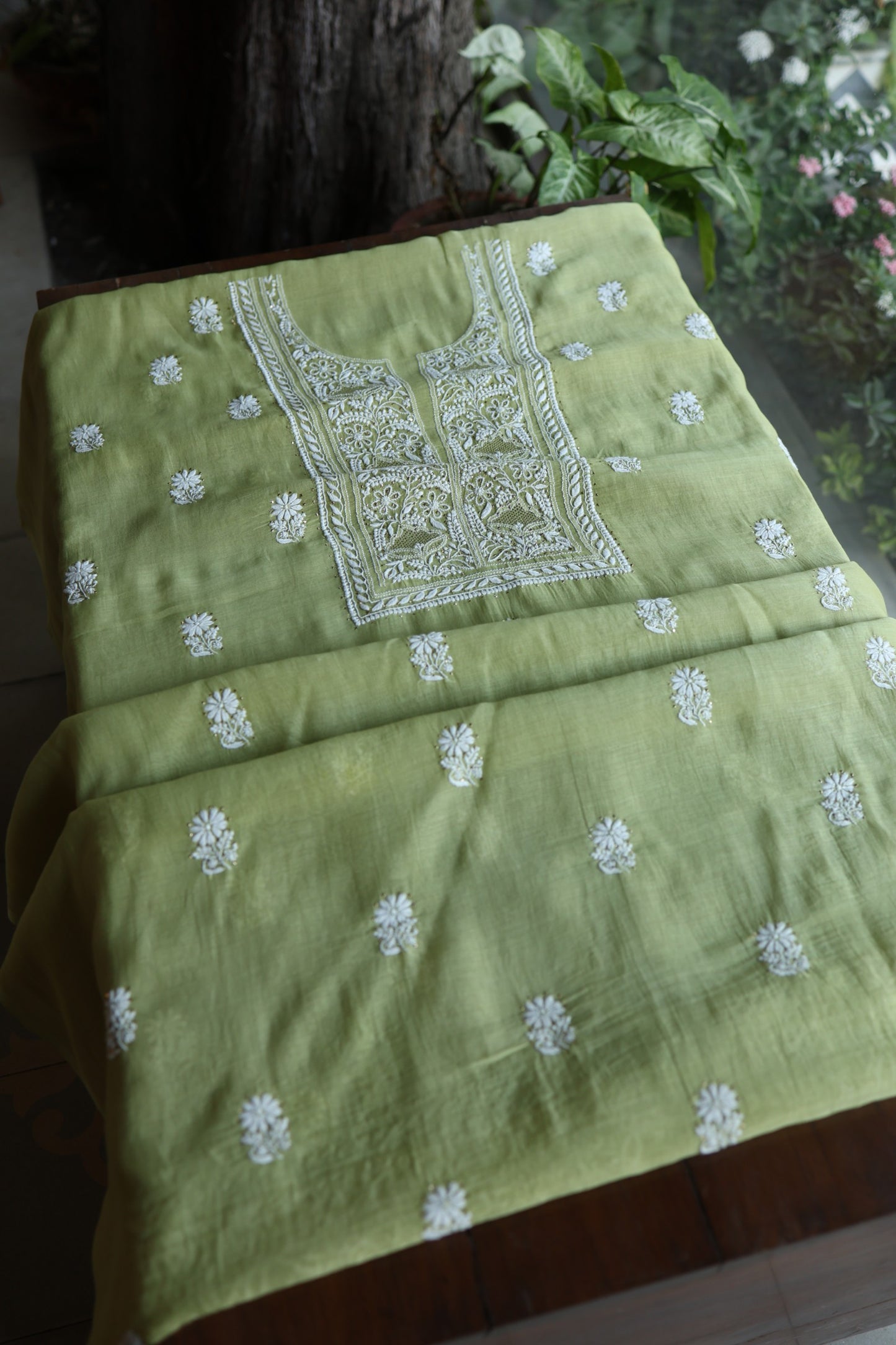 Olive Green Mal Cotton Fine Chikankari With Kamdani Work Unstitched Fabric