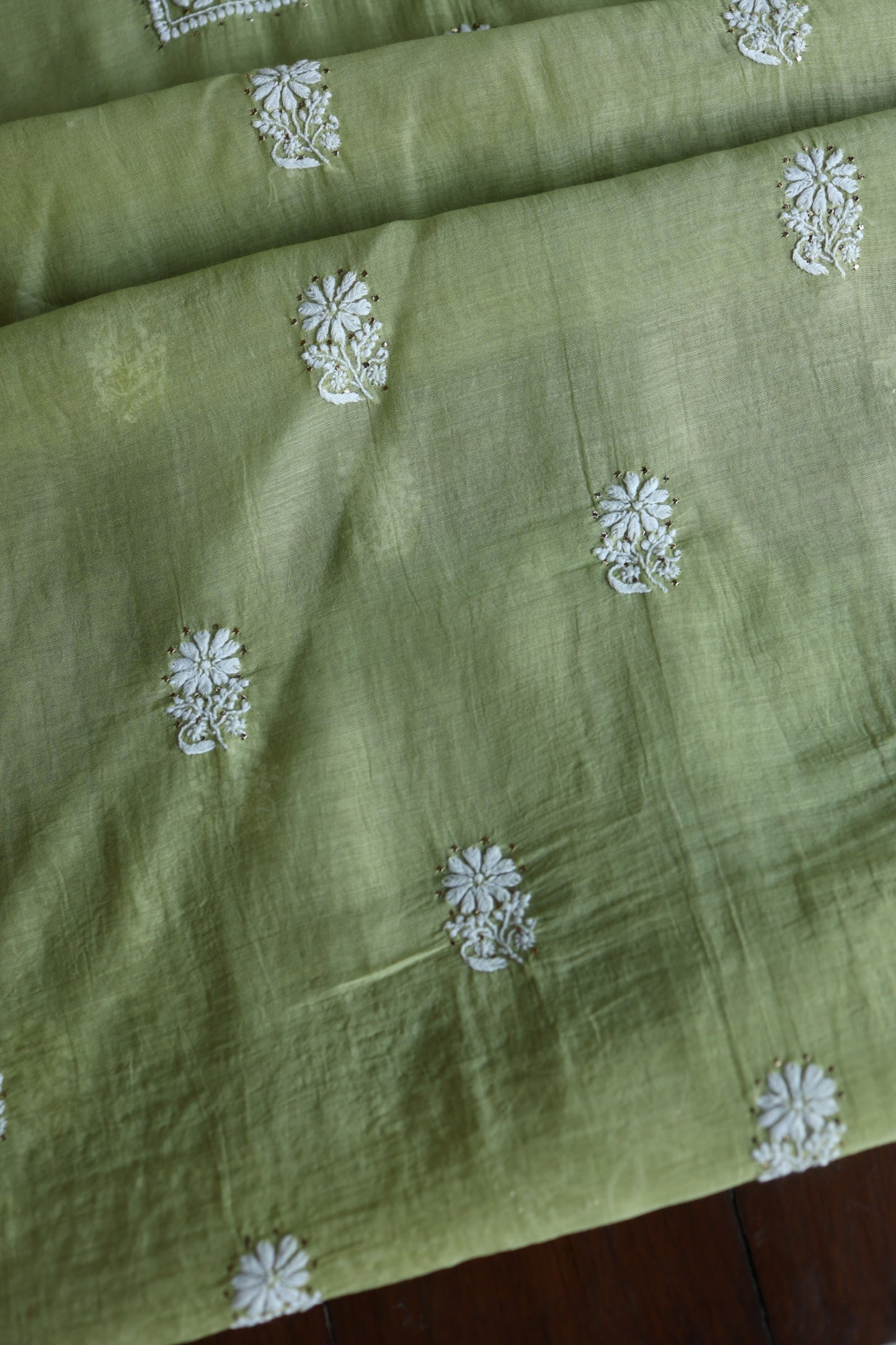 Olive Green Mal Cotton Fine Chikankari With Kamdani Work Unstitched Fabric