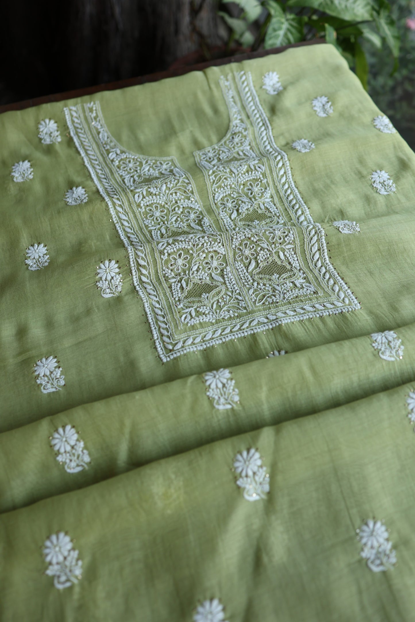 Olive Green Mal Cotton Fine Chikankari With Kamdani Work Unstitched Fabric