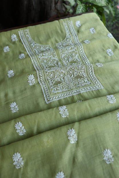 Olive Green Mal Cotton Fine Chikankari With Kamdani Work Unstitched Fabric