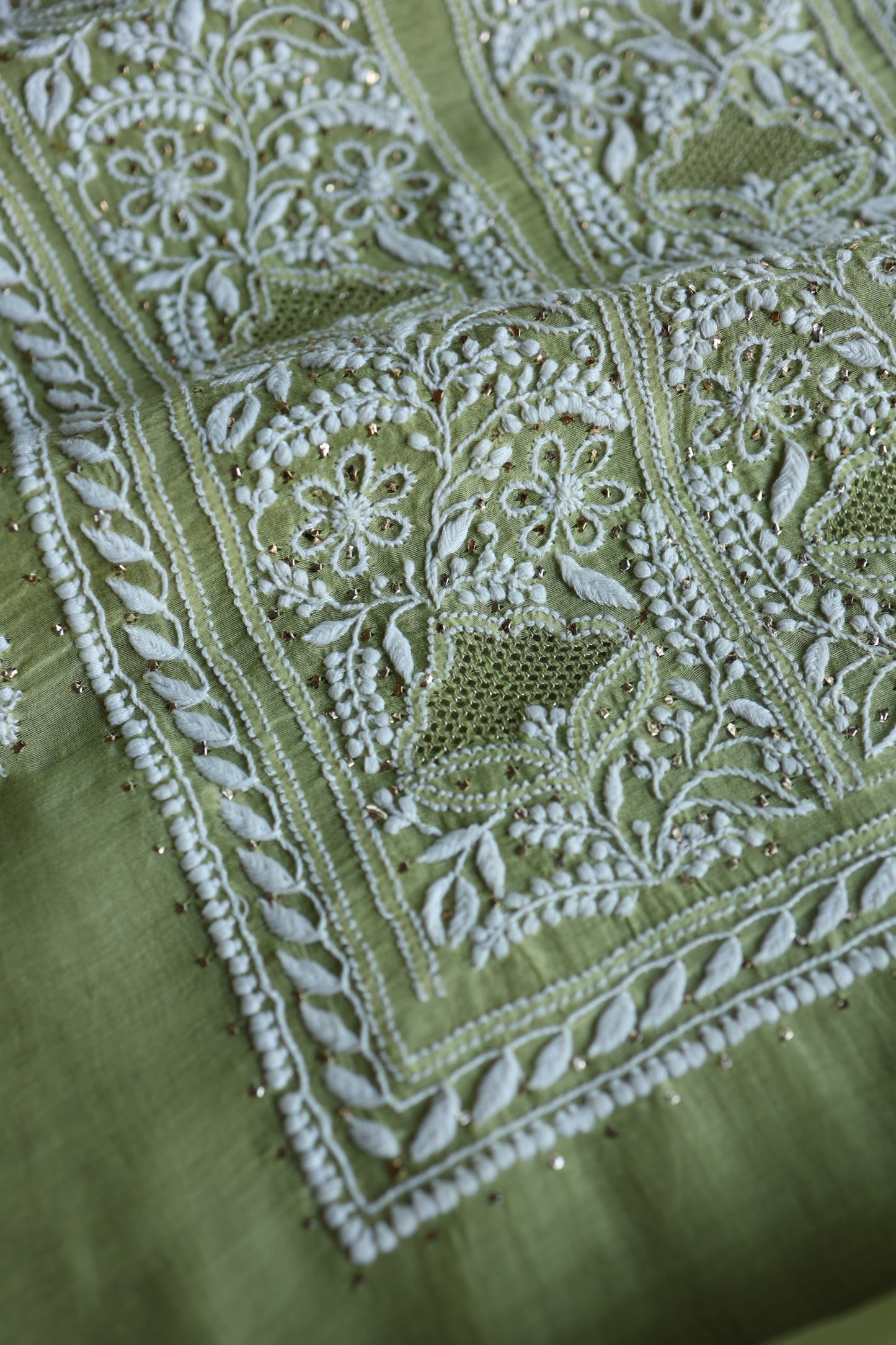 Olive Green Mal Cotton Fine Chikankari With Kamdani Work Unstitched Fabric