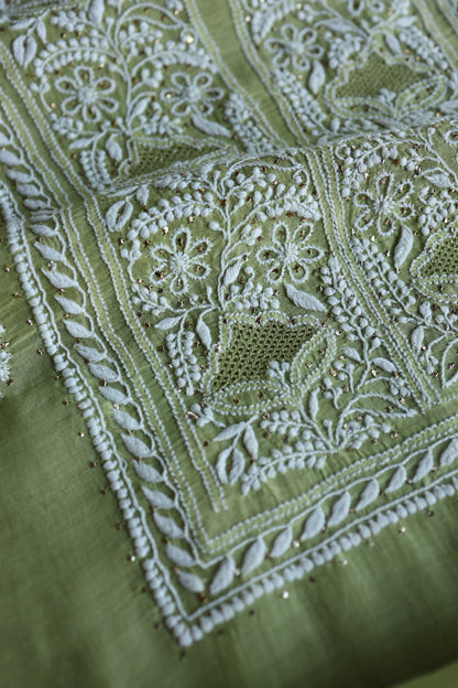 Olive Green Mal Cotton Fine Chikankari With Kamdani Work Unstitched Fabric