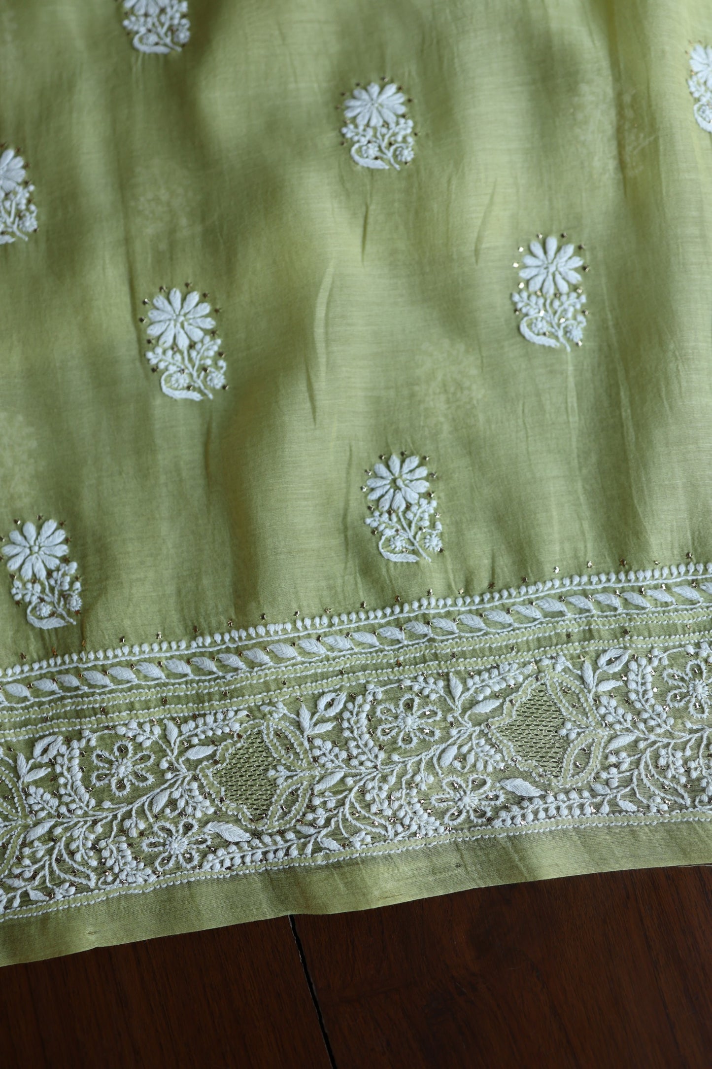 Olive Green Mal Cotton Fine Chikankari With Kamdani Work Unstitched Fabric