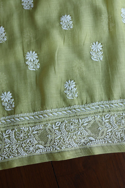 Olive Green Mal Cotton Fine Chikankari With Kamdani Work Unstitched Fabric