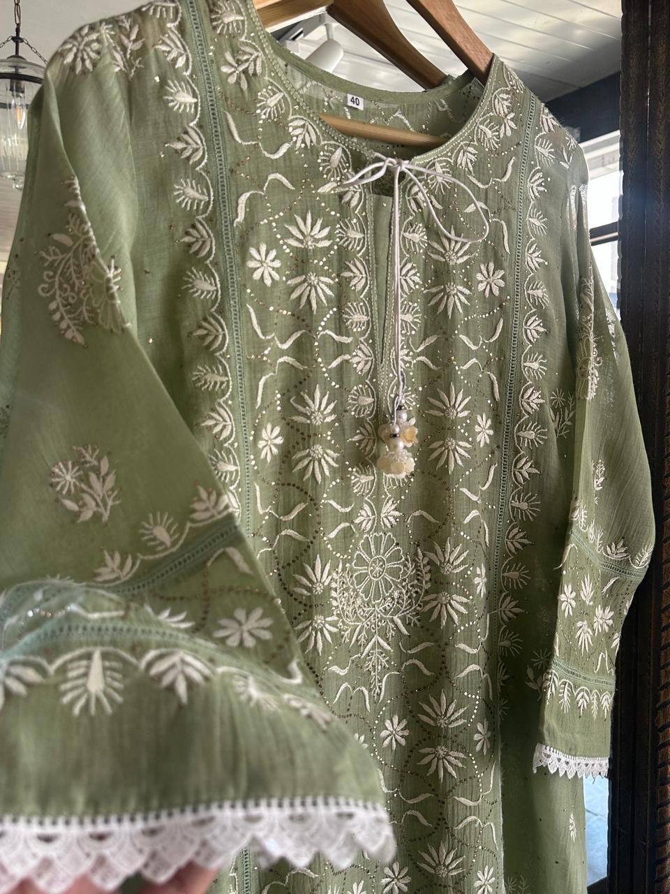 Clay Green Mul Chanderi Mukaish Kamdani Chikankari Stitched Kurta Dupatta Set