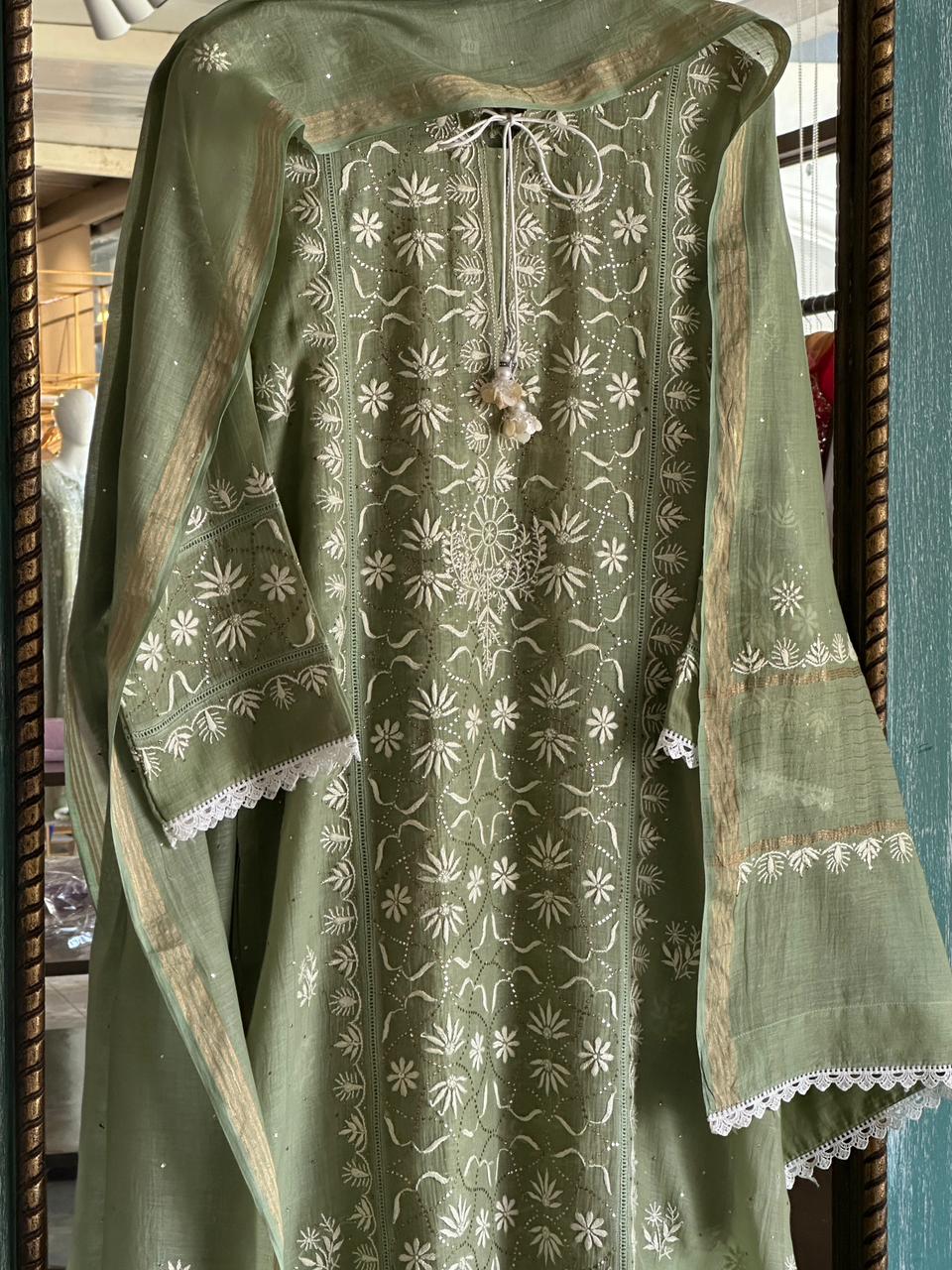 Clay Green Mul Chanderi Mukaish Kamdani Chikankari Stitched Kurta Dupatta Set
