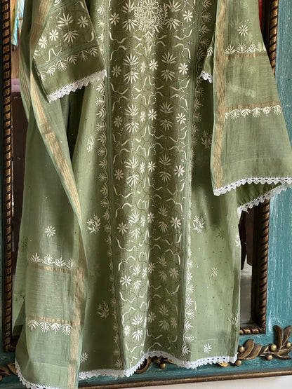 Clay Green Mul Chanderi Mukaish Kamdani Chikankari Stitched Kurta Dupatta Set