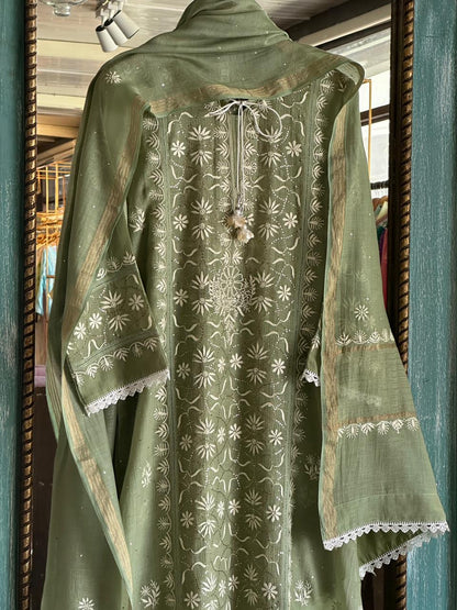 Clay Green Mul Chanderi Mukaish Kamdani Chikankari Stitched Kurta Dupatta Set
