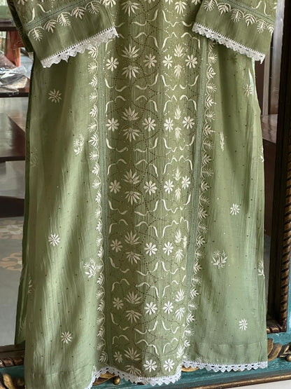 Clay Green Mul Chanderi Mukaish Kamdani Chikankari Stitched Kurta Dupatta Set