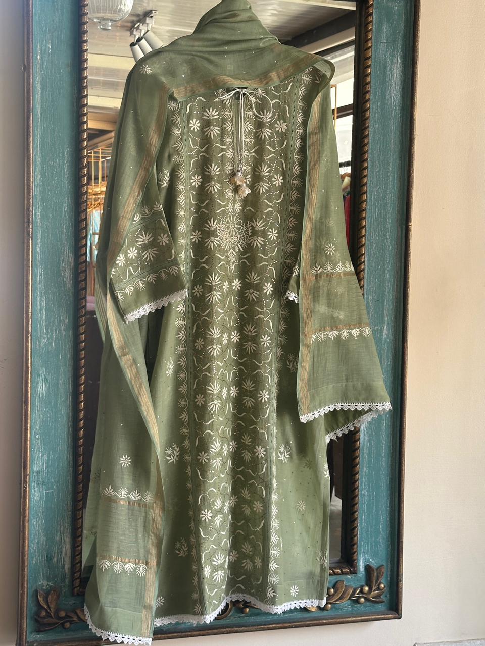 Clay Green Mul Chanderi Mukaish Kamdani Chikankari Stitched Kurta Dupatta Set