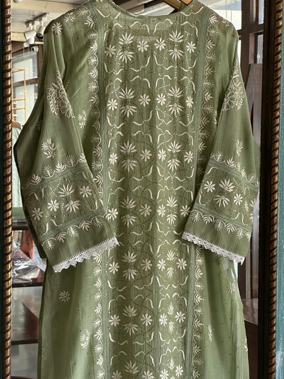 Clay Green Mul Chanderi Mukaish Kamdani Chikankari Stitched Kurta Dupatta Set