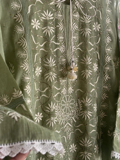 Clay Green Mul Chanderi Mukaish Kamdani Chikankari Stitched Kurta Dupatta Set