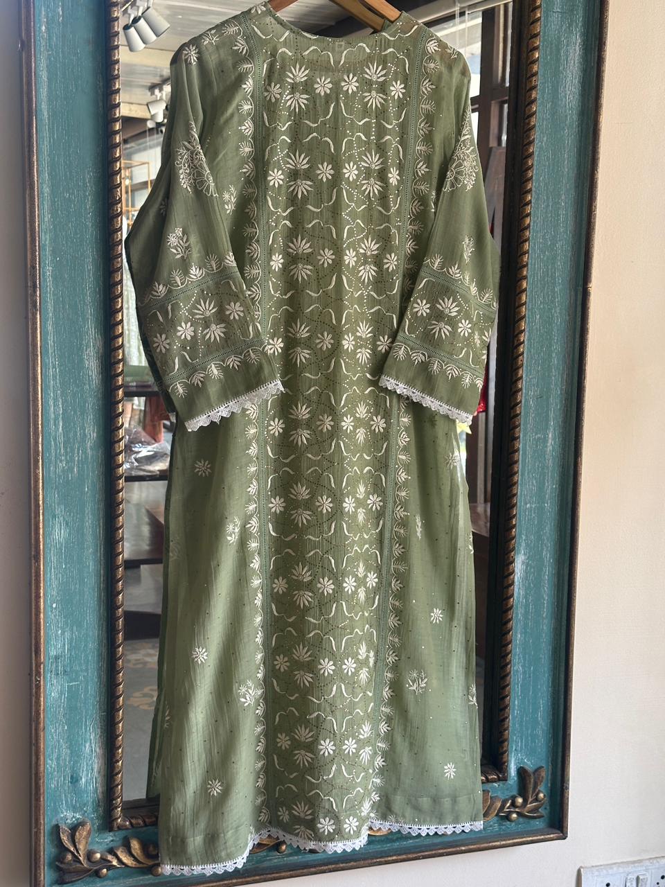 Clay Green Mul Chanderi Mukaish Kamdani Chikankari Stitched Kurta Dupatta Set