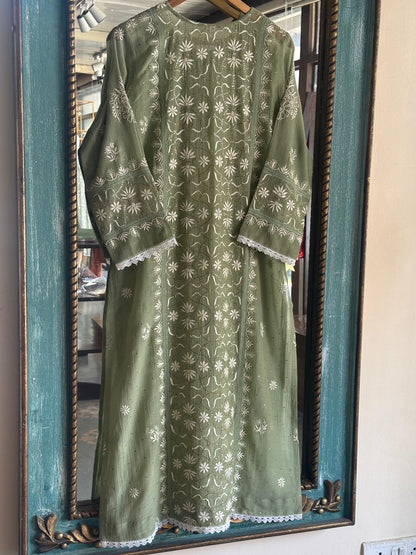 Clay Green Mul Chanderi Mukaish Kamdani Chikankari Stitched Kurta Dupatta Set