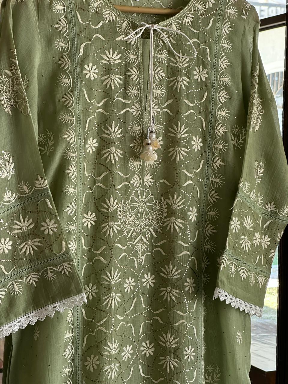 Clay Green Mul Chanderi Mukaish Kamdani Chikankari Stitched Kurta Dupatta Set