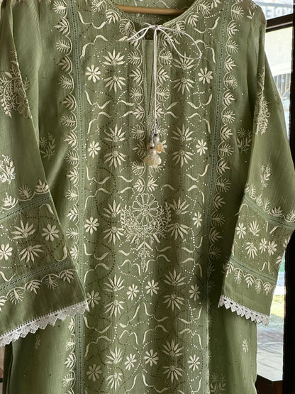 Clay Green Mul Chanderi Mukaish Kamdani Chikankari Stitched Kurta Dupatta Set