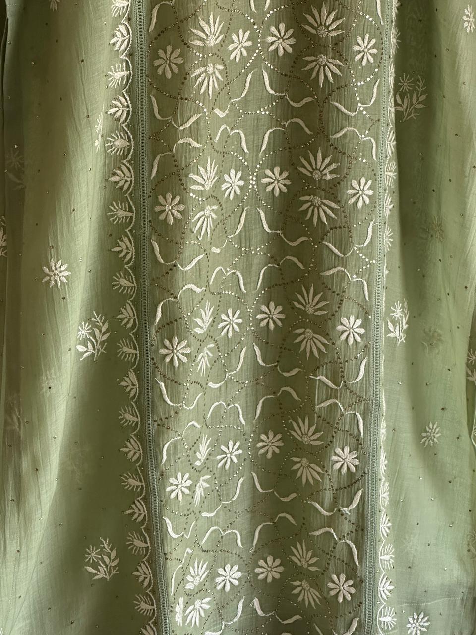 Clay Green Mul Chanderi Mukaish Kamdani Chikankari Stitched Kurta Dupatta Set