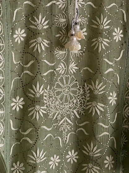 Clay Green Mul Chanderi Mukaish Kamdani Chikankari Stitched Kurta Dupatta Set