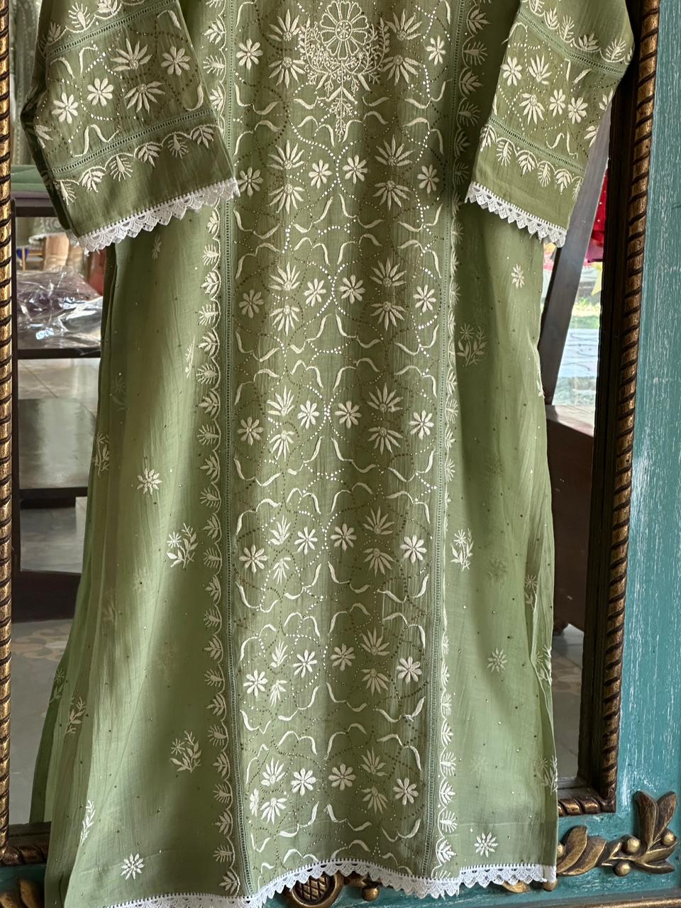 Clay Green Mul Chanderi Mukaish Kamdani Chikankari Stitched Kurta Dupatta Set