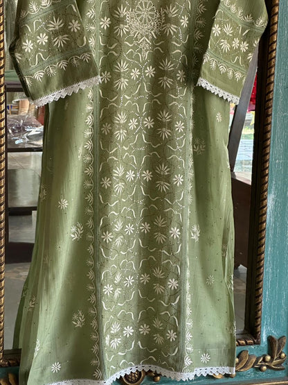Clay Green Mul Chanderi Mukaish Kamdani Chikankari Stitched Kurta Dupatta Set