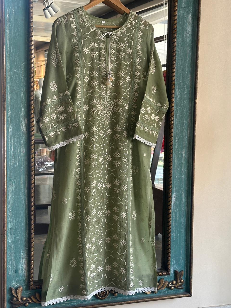 Clay Green Mul Chanderi Mukaish Kamdani Chikankari Stitched Kurta Dupatta Set