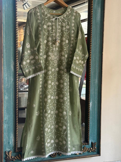 Clay Green Mul Chanderi Mukaish Kamdani Chikankari Stitched Kurta Dupatta Set
