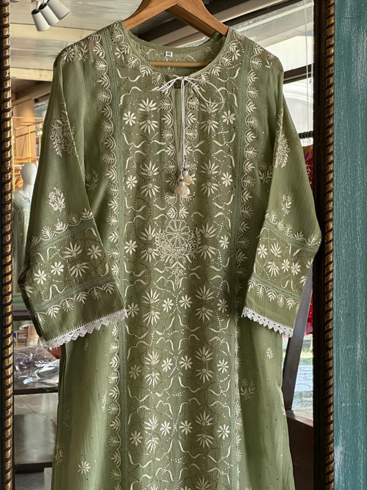 Clay Green Mul Chanderi Mukaish Kamdani Chikankari Stitched Kurta Dupatta Set