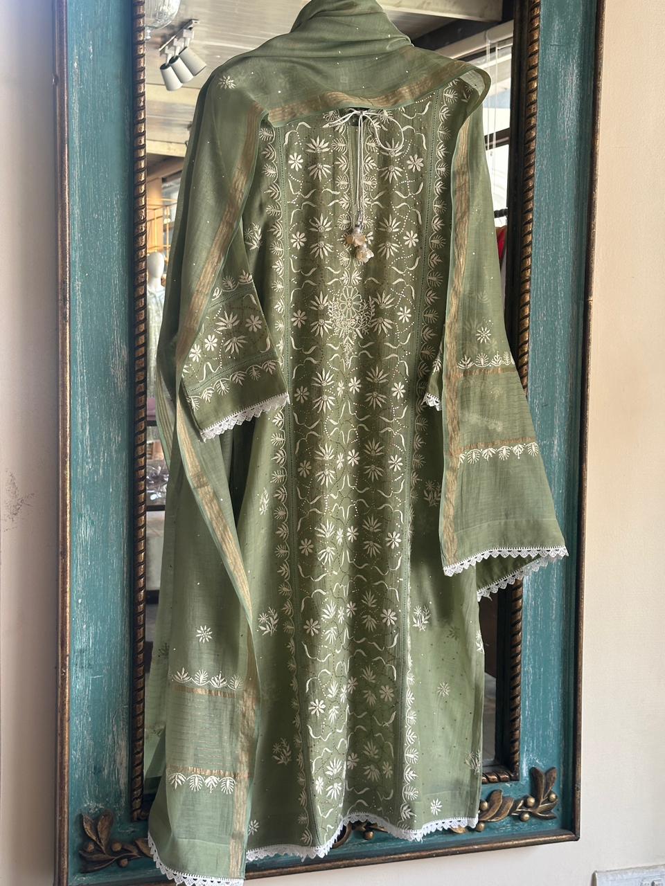 Clay Green Mul Chanderi Mukaish Kamdani Chikankari Stitched Kurta Dupatta Set