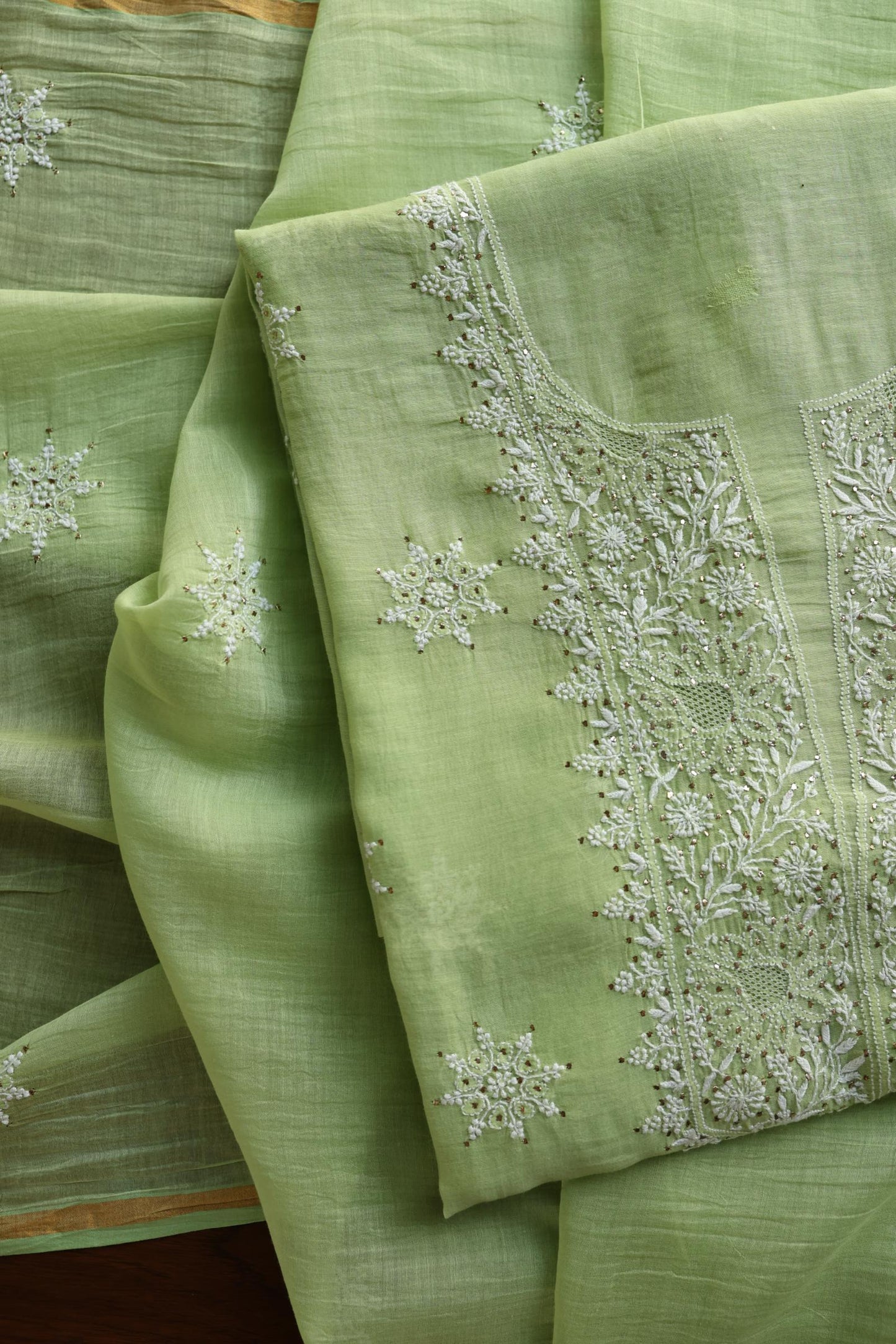 Clay Green Shade Mal Cotton Fine Chikankari Unstitched Fabric
