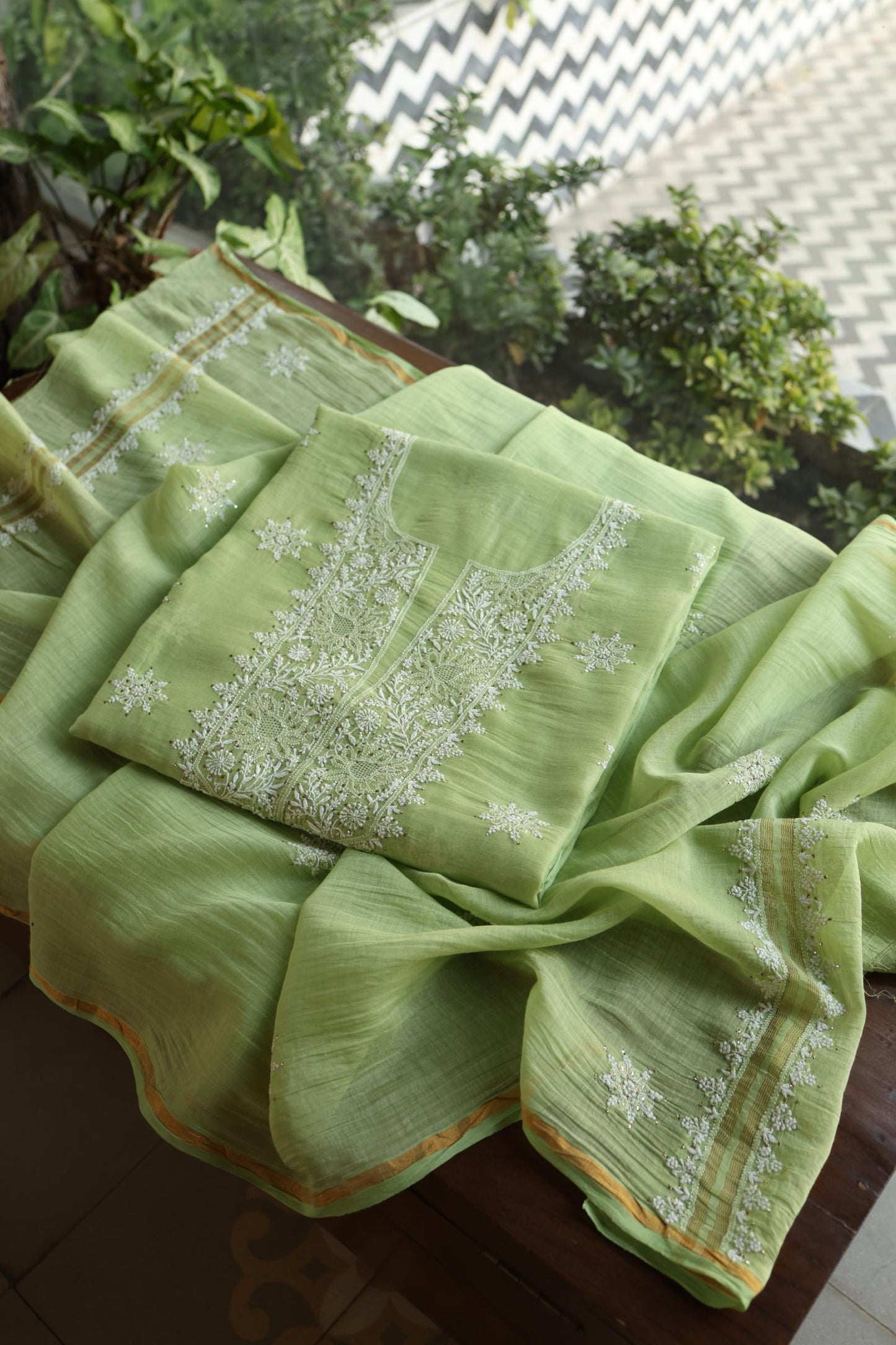 Clay Green Shade Mal Cotton Fine Chikankari Unstitched Fabric