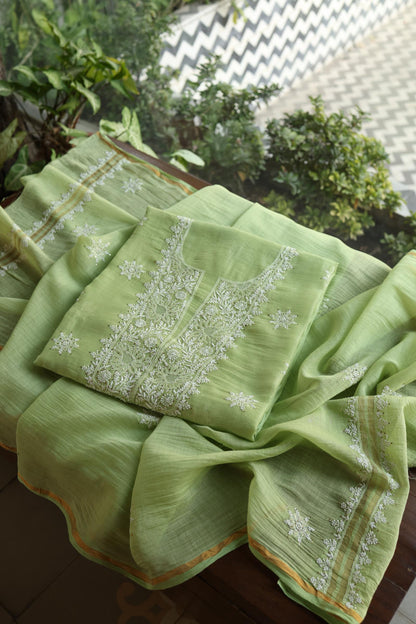 Clay Green Shade Mal Cotton Fine Chikankari Unstitched Fabric