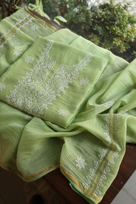Clay Green Shade Mal Cotton Fine Chikankari Unstitched Fabric