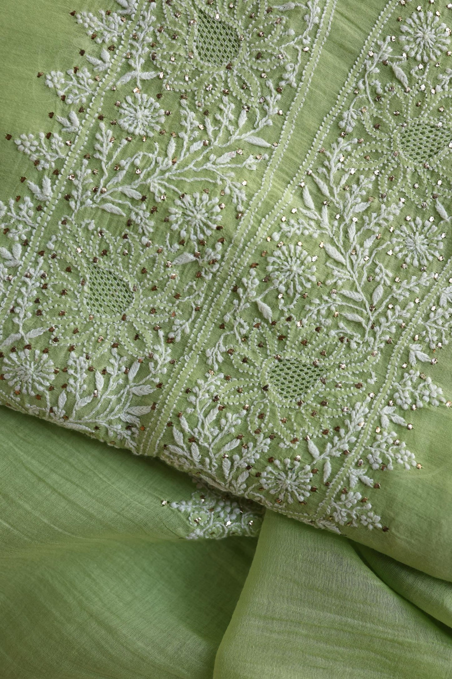Clay Green Shade Mal Cotton Fine Chikankari Unstitched Fabric