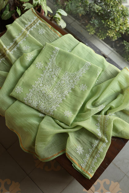 Clay Green Shade Mal Cotton Fine Chikankari Unstitched Fabric
