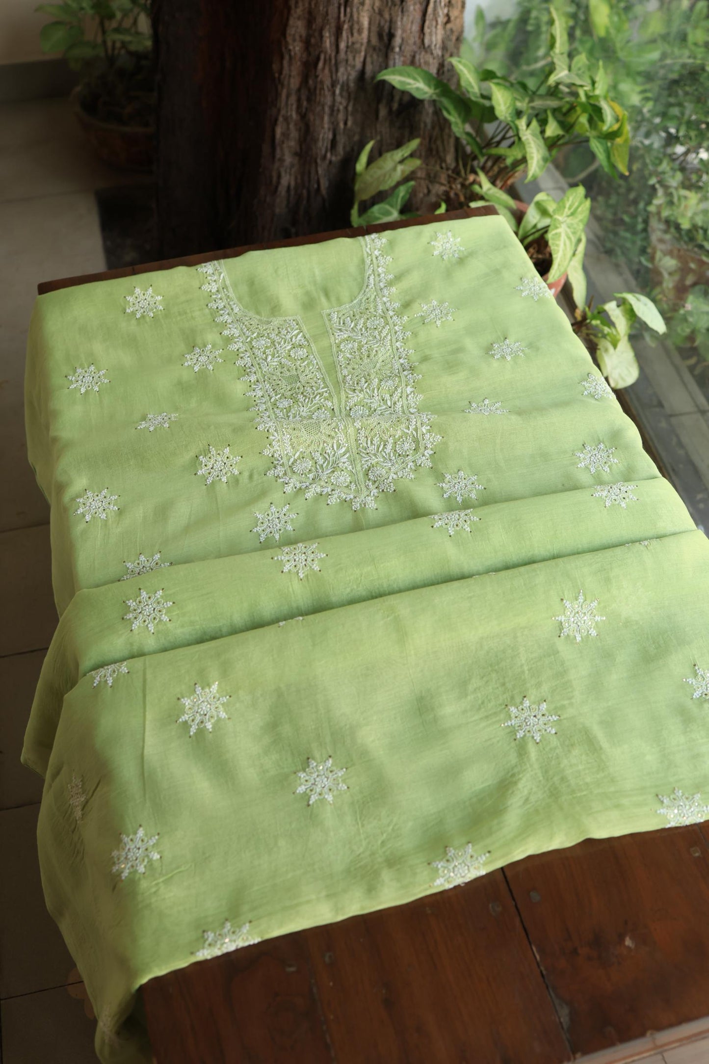 Clay Green Shade Mal Cotton Fine Chikankari Unstitched Fabric