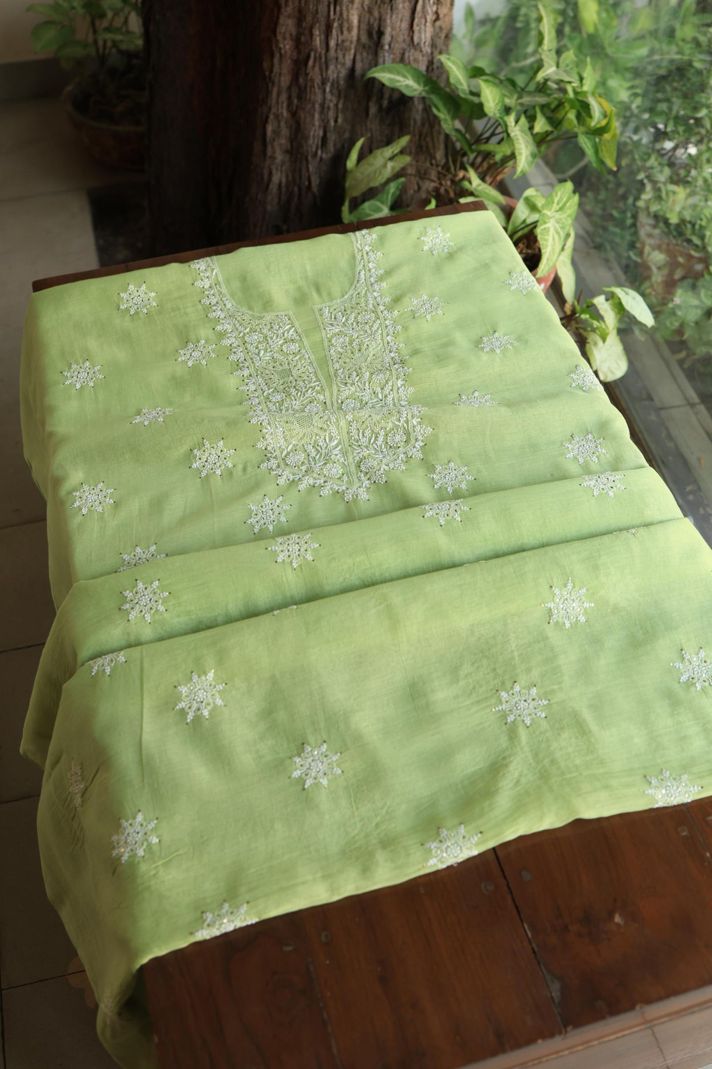 Clay Green Shade Mal Cotton Fine Chikankari Unstitched Fabric