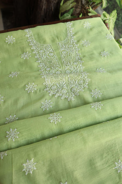 Clay Green Shade Mal Cotton Fine Chikankari Unstitched Fabric