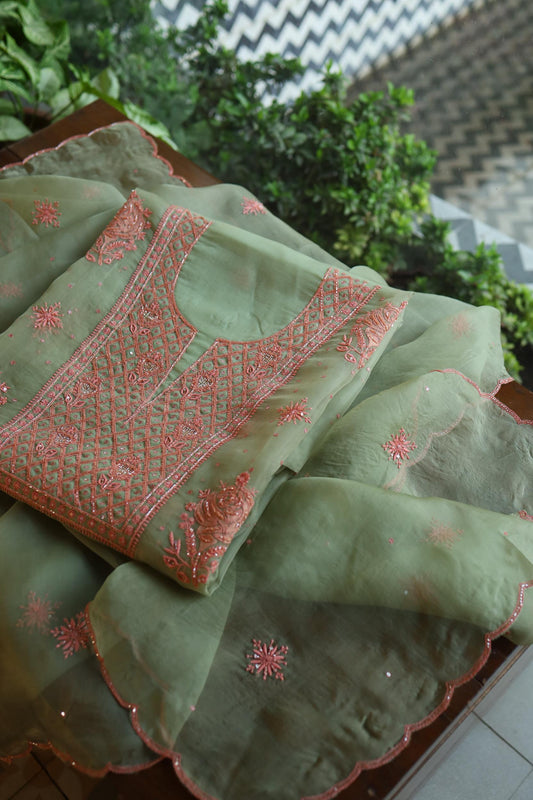 Clay Green Shade Organza Silk Chikankari Unstitched Fabric