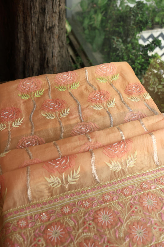 Clay Peach Noor Banarasi Organza Chikankari Unstitched Fabrics
