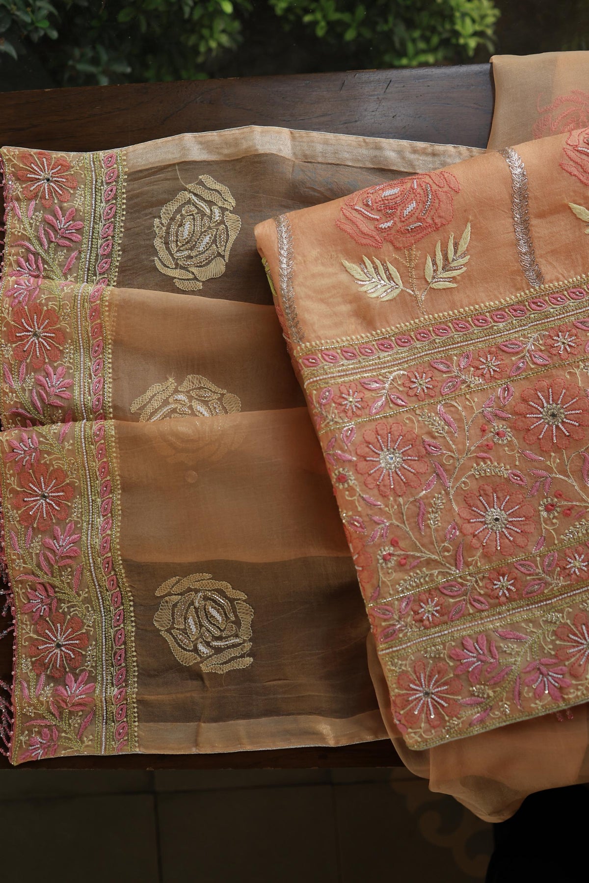 Clay Peach Noor Banarasi Organza Chikankari Unstitched Fabrics