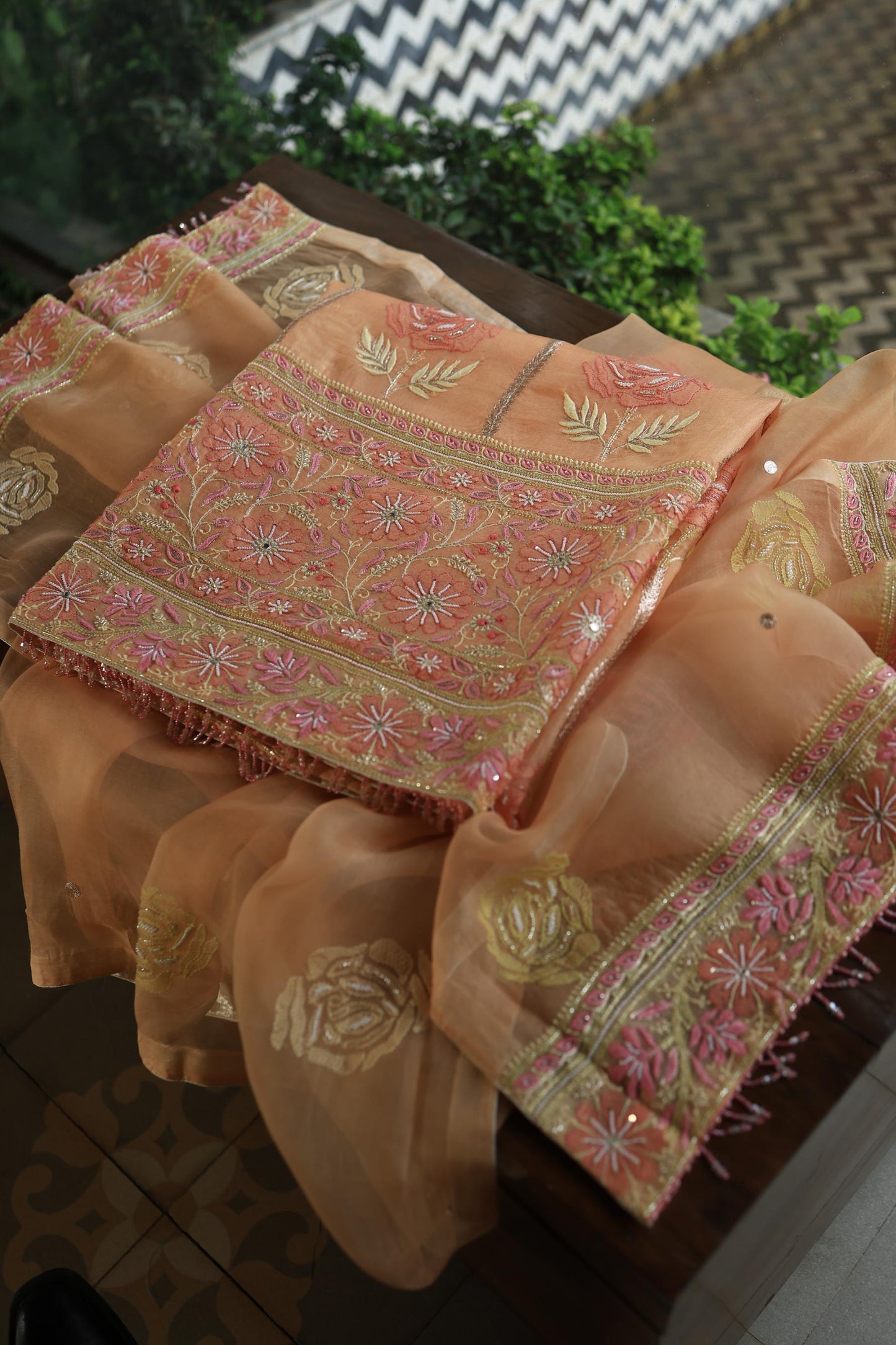 Clay Peach Noor Banarasi Organza Chikankari Unstitched Fabrics