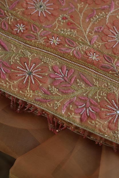 Clay Peach Noor Banarasi Organza Chikankari Unstitched Fabrics