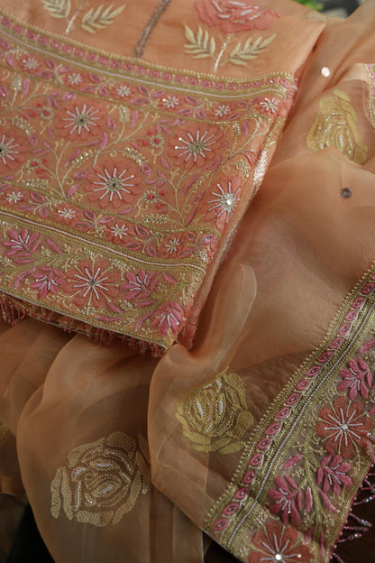 Clay Peach Noor Banarasi Organza Chikankari Unstitched Fabrics
