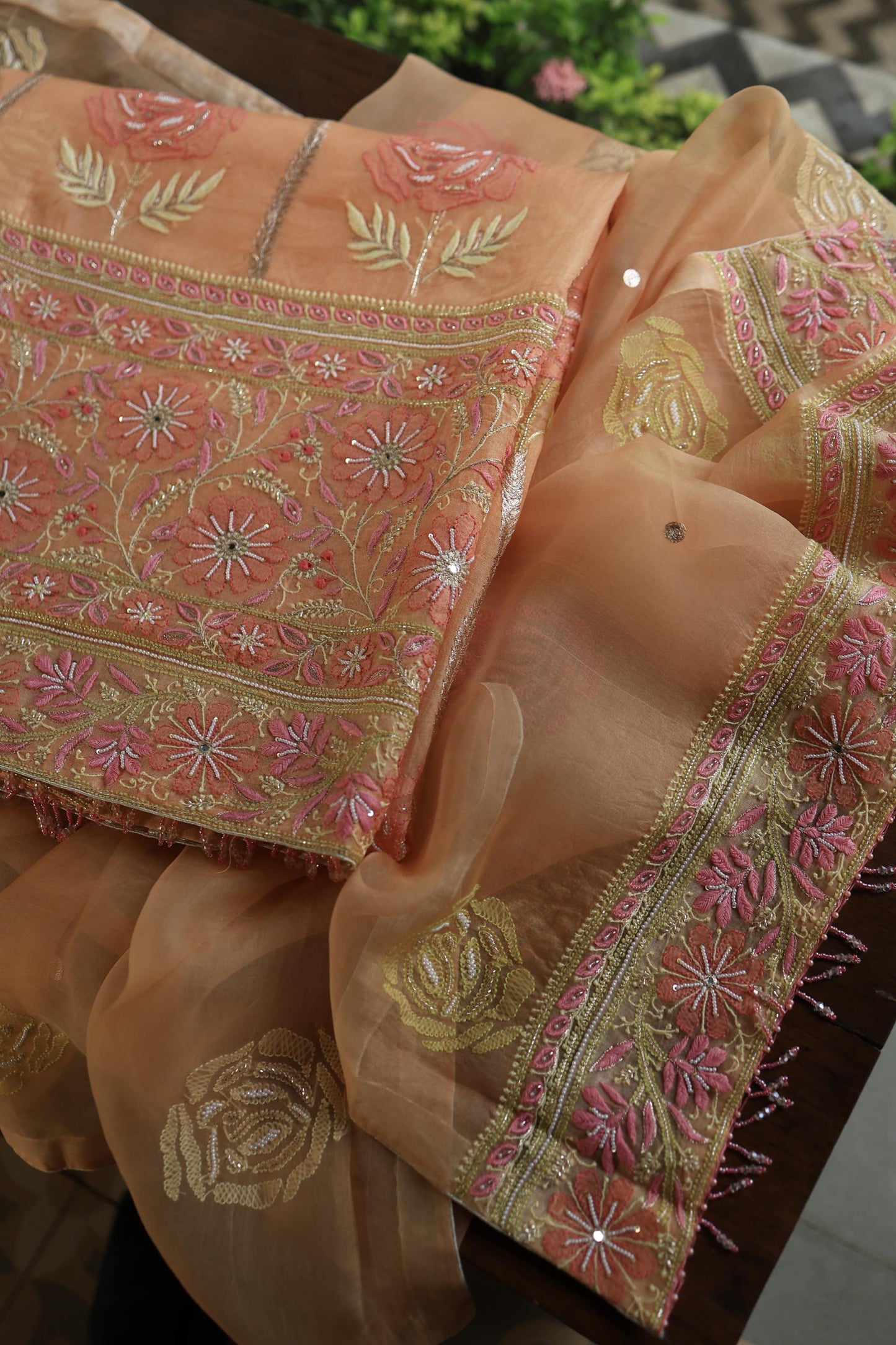 Clay Peach Noor Banarasi Organza Chikankari Unstitched Fabrics