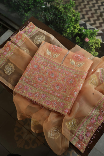 Clay Peach Noor Banarasi Organza Chikankari Unstitched Fabrics