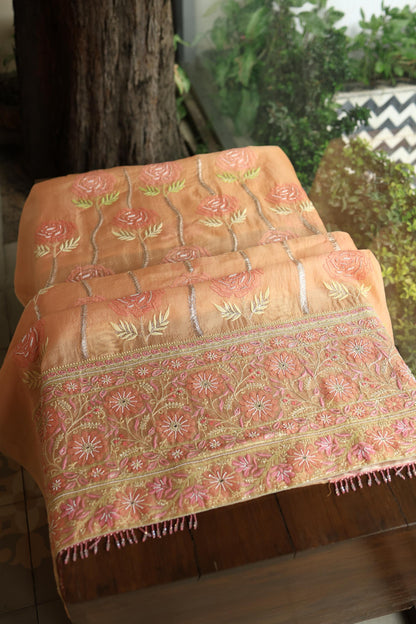 Clay Peach Noor Banarasi Organza Chikankari Unstitched Fabrics