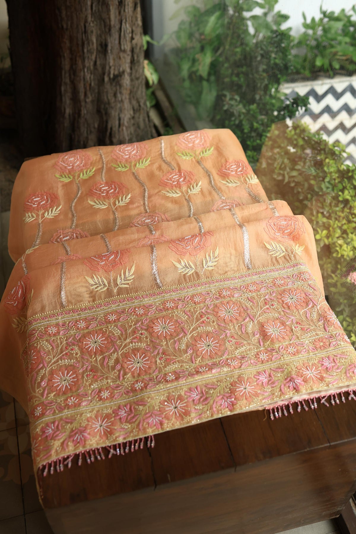 Clay Peach Noor Banarasi Organza Chikankari Unstitched Fabrics