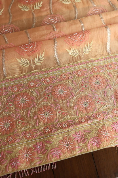 Clay Peach Noor Banarasi Organza Chikankari Unstitched Fabrics