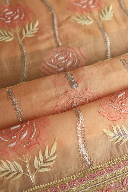 Clay Peach Noor Banarasi Organza Chikankari Unstitched Fabrics
