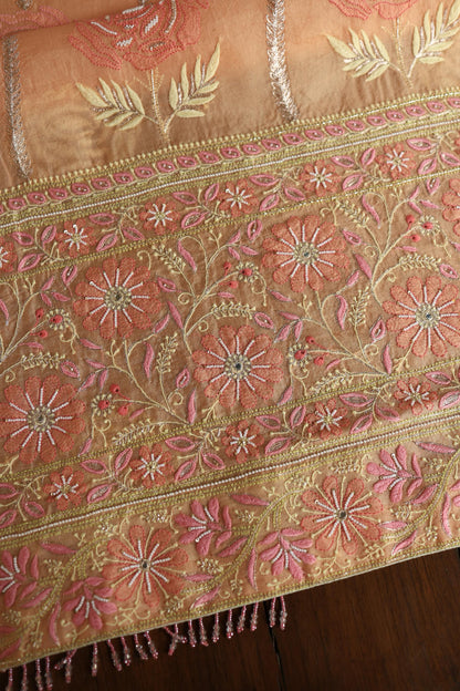 Clay Peach Noor Banarasi Organza Chikankari Unstitched Fabrics